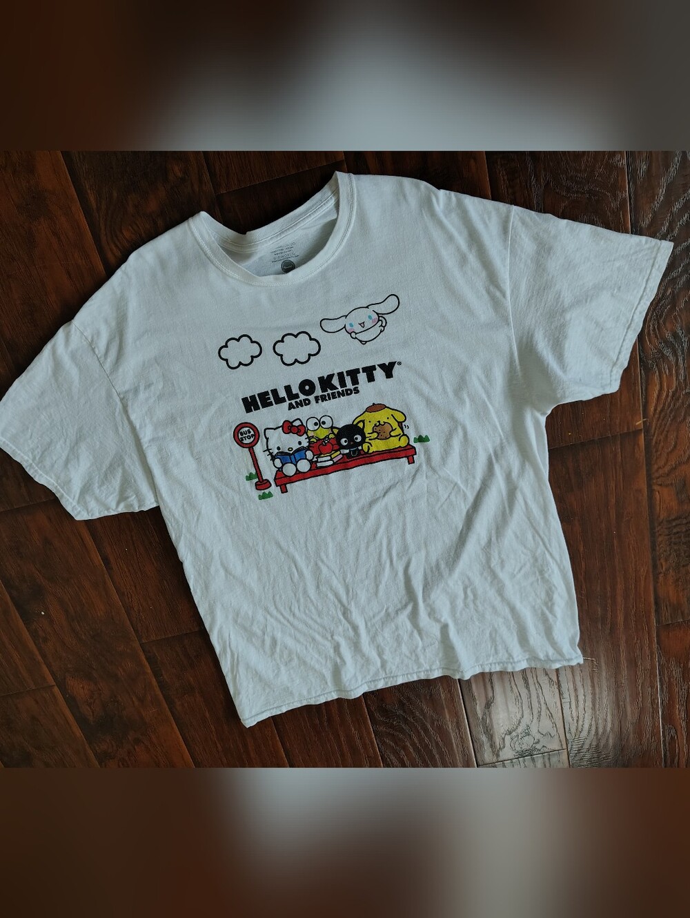 Hello Kitty and Friends at the bus stop white T-Shirt kawaii Size XL